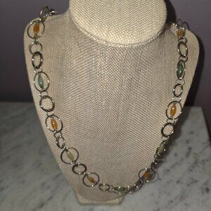 Silver Tone Circle Link Necklace Green Amber Beads Modern Geometric Chain